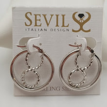 Load image into Gallery viewer, Sterling silver hoop earrings  Infinity symbol glittery outside hoop
